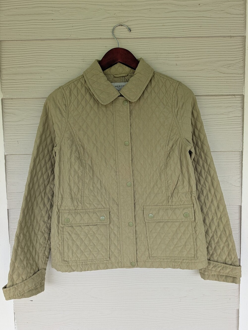 Merona Women's Casual Quilted Jacket Long Sleeve Green Olive Size Small Pockets